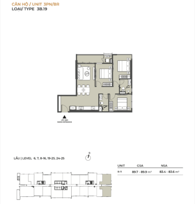3 BEDROOM APARTMENT LUMIERE MIDTOWN THE GLOBAL CITY DISTRICT 2 10 3 bedroom apartment layout, 90m2 corner, lumiere midtown, district 2