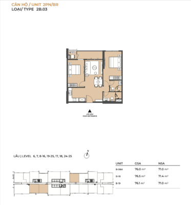 침실 2개 아파트 레이아웃 디자인 76m2 뤼미에르 미드타운 글로벌 시티 지구 2