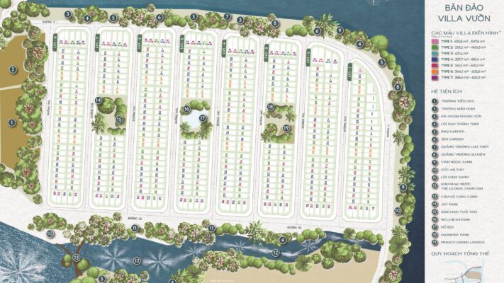 판매 예정 가든 빌라 SOLA ĐẢO ÁNH DƯƠNG THE GLOBAL CITY 8 The Global City의 Sola Island Sunshine Garden Villa Peninsula 구획의 전체 레이아웃