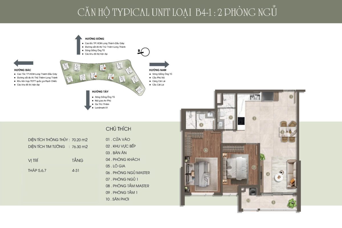 thiet ke can ho 2pn 70m2 the prive dat xanh quan 2